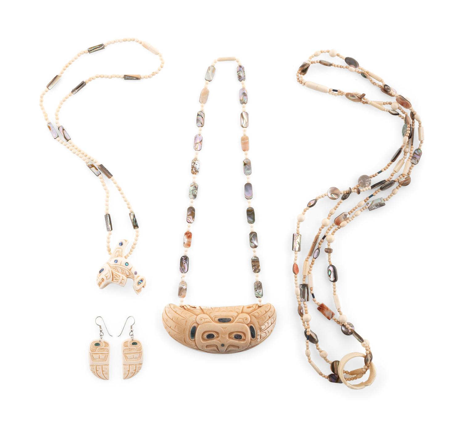 Carved Necklaces and Earrings, Set with Abalone