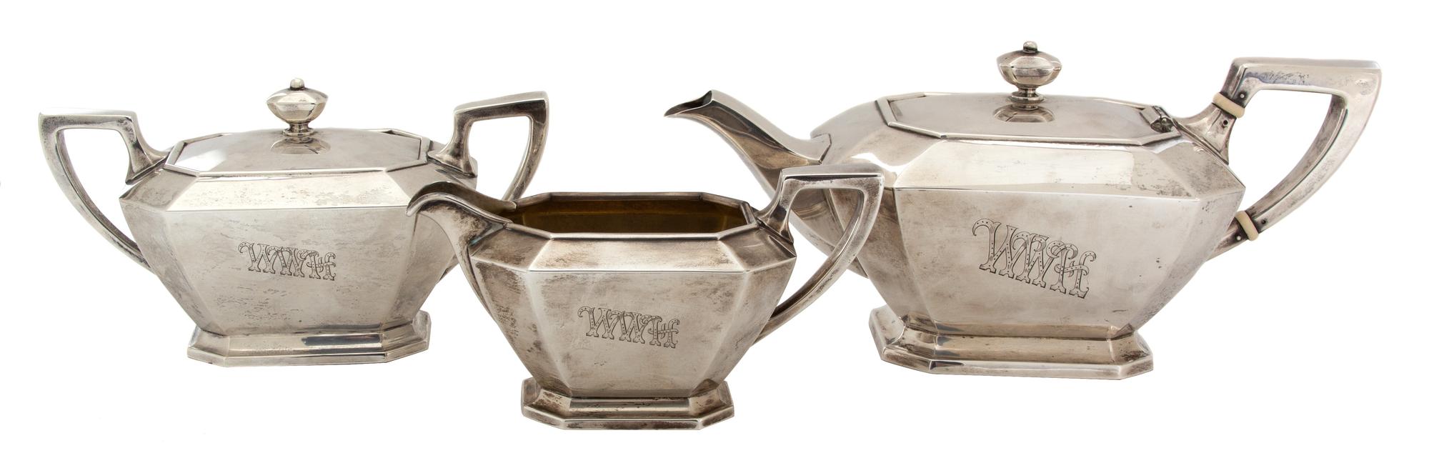 An American Silver Partial Tea Service, Gorham Manufacturing Co., Providence, RI, in the Fairfax pattern, comprising a teapot, creamer,
