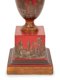 A Regency Style Red Tole Table Lamp with Silver/Gilt Decoration