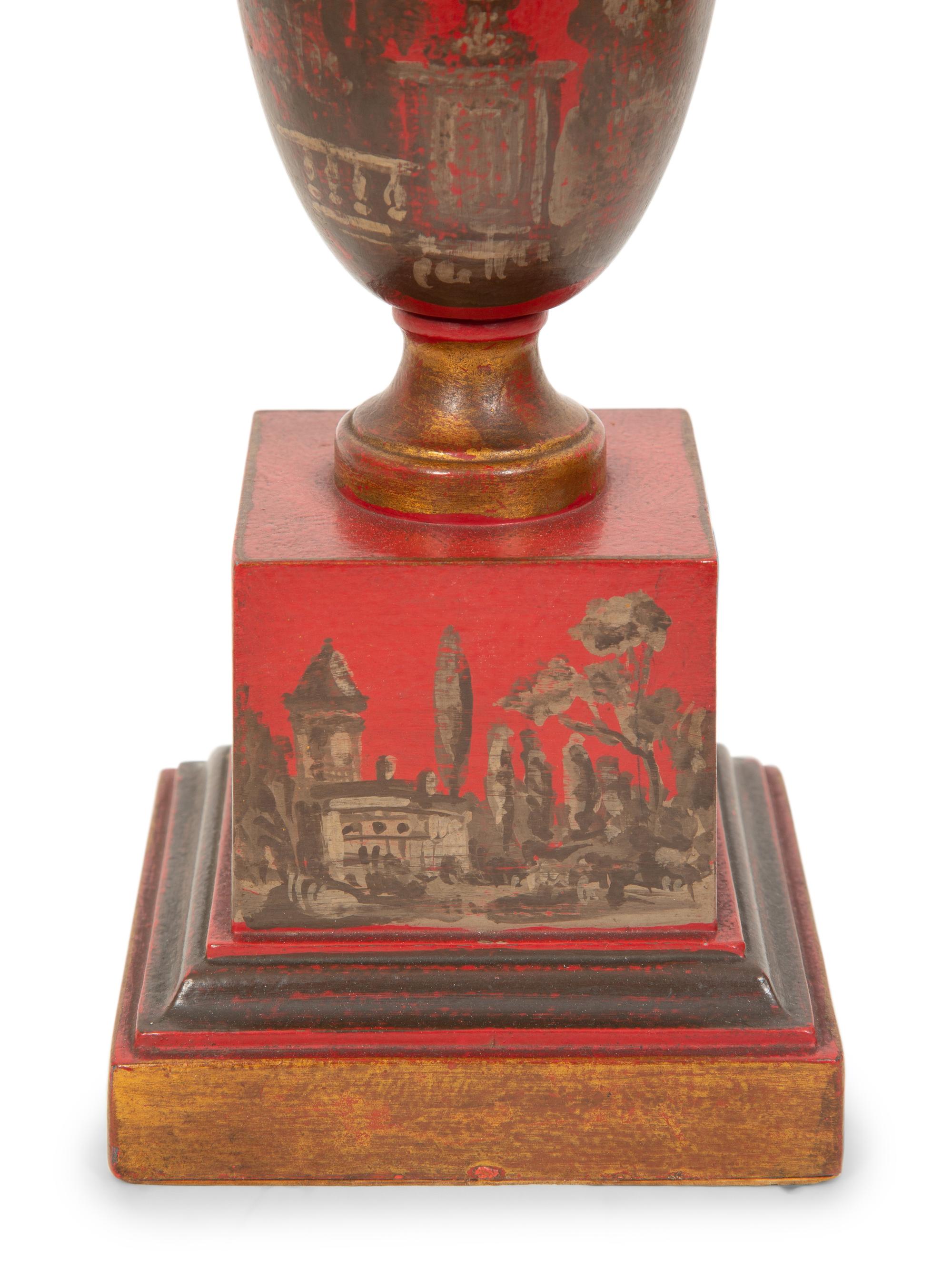 A Regency Style Red Tole Table Lamp with Silver/Gilt Decoration