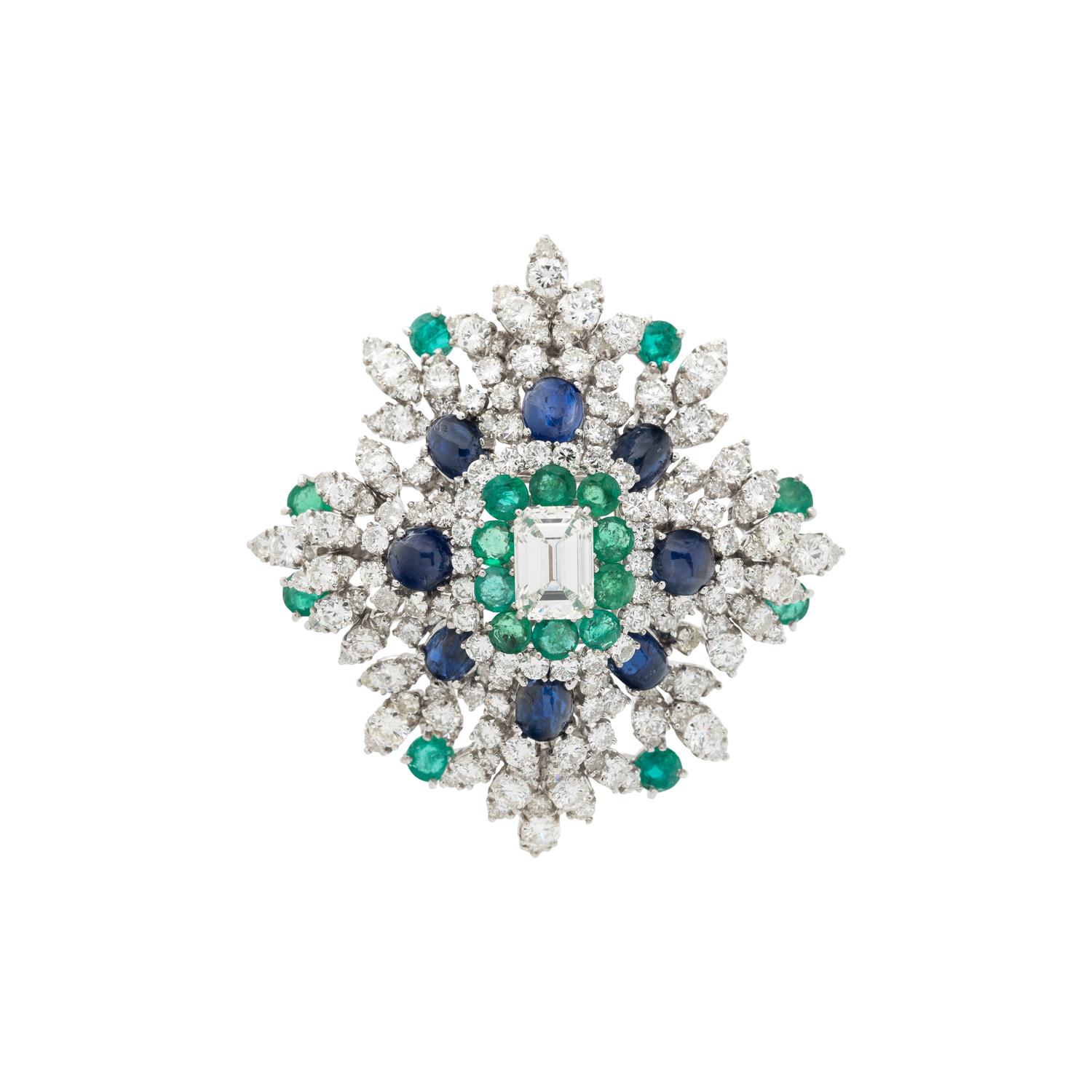 DIAMOND, EMERALD, AND SAPPHIRE BROOCH