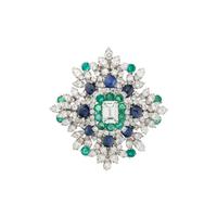 DIAMOND, EMERALD, AND SAPPHIRE BROOCH
