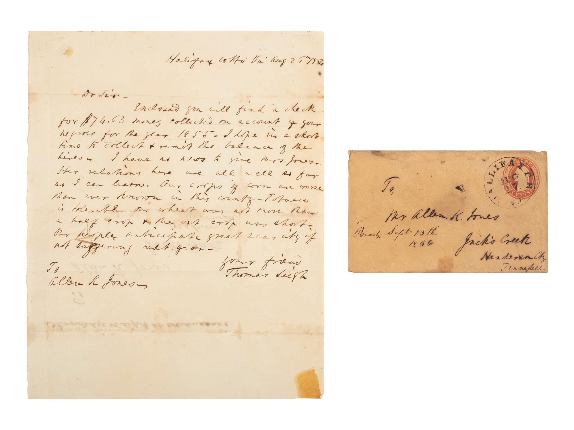 [ENSLAVEMENT] Payment for the rental of enslaved persons discussed in 1856 ALS from Virginia farmer.