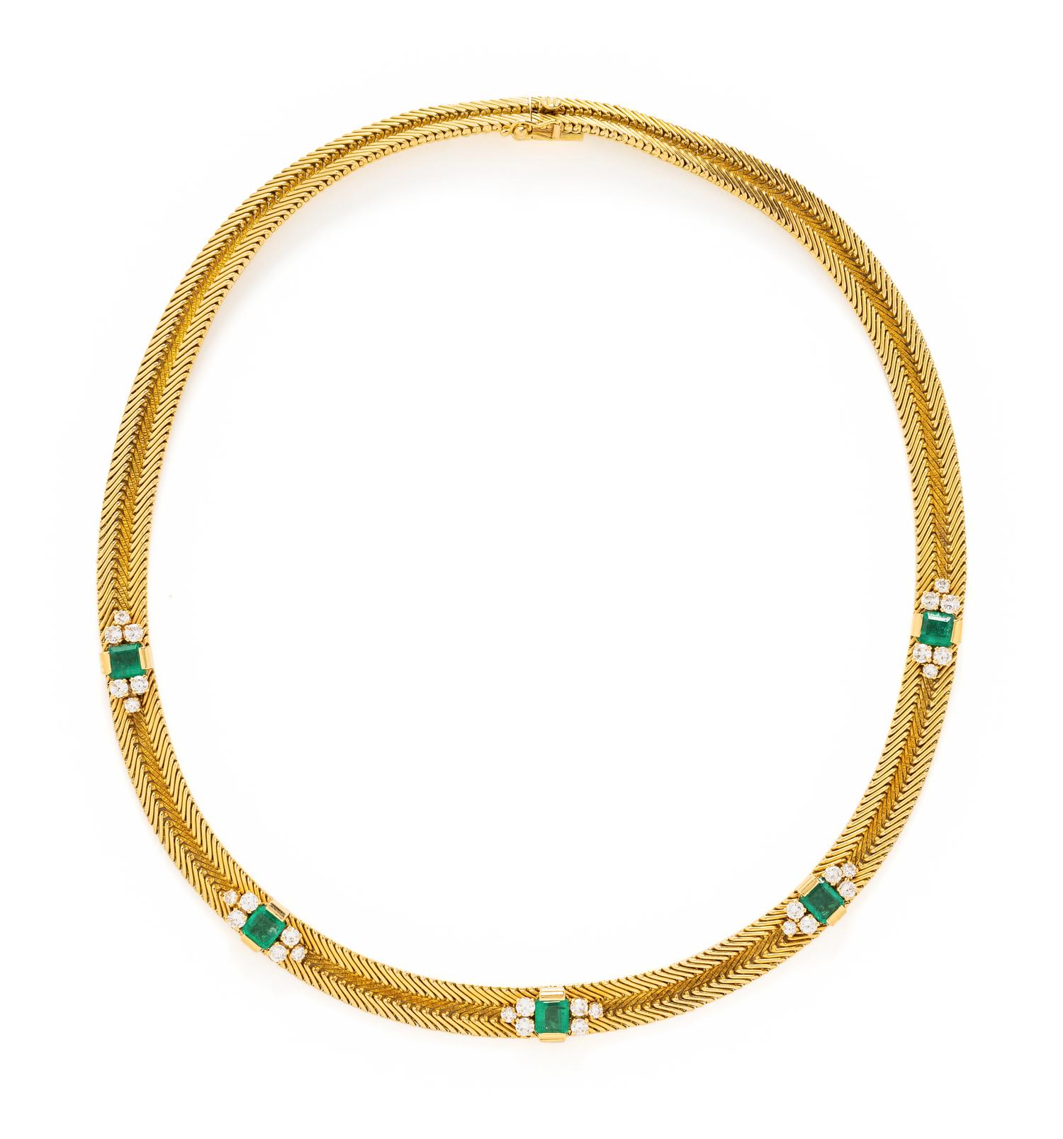 FRENCH, YELLOW GOLD, EMERALD AND DIAMOND NECKLACE