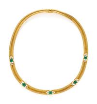 FRENCH, YELLOW GOLD, EMERALD AND DIAMOND NECKLACE