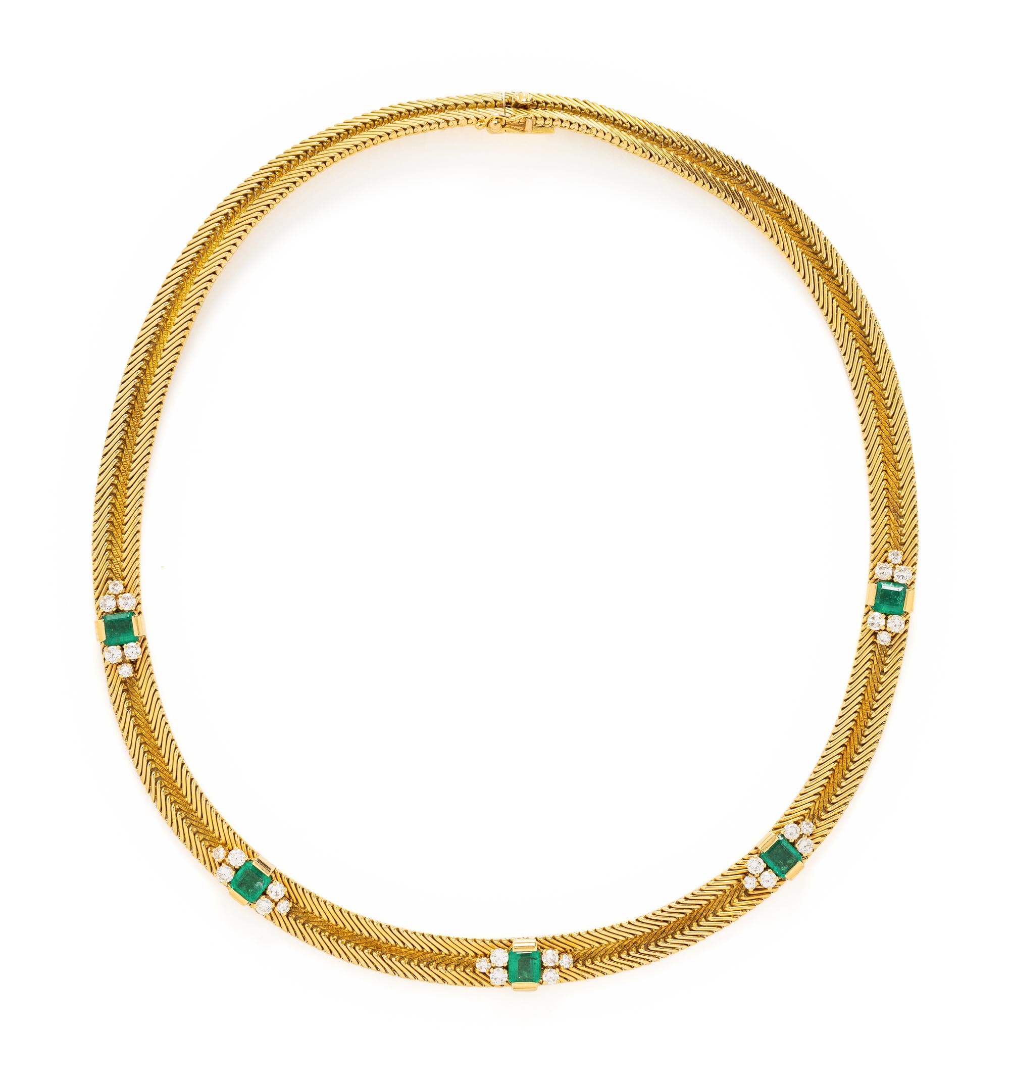 FRENCH, YELLOW GOLD, EMERALD AND DIAMOND NECKLACE