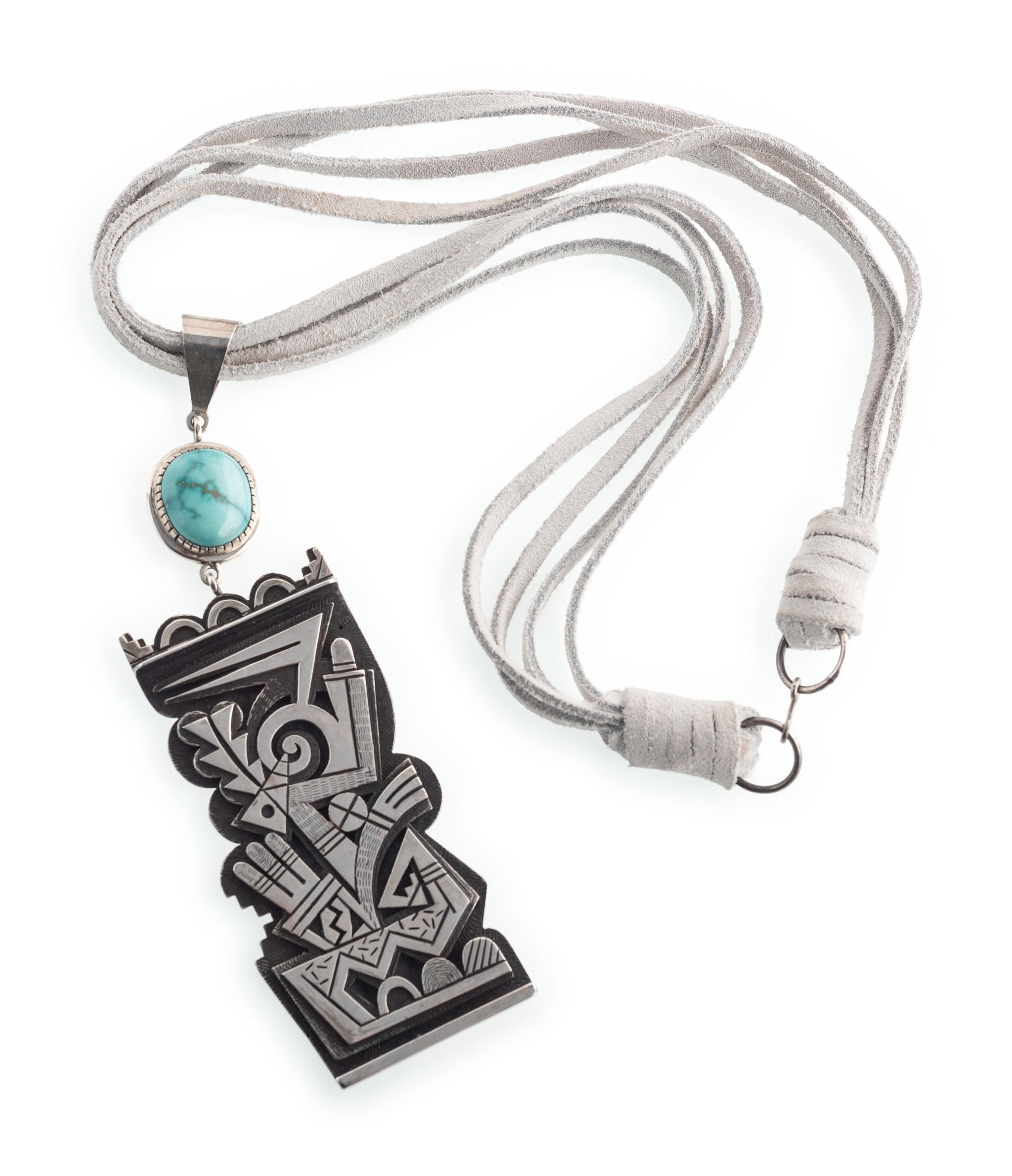 Silver and Turquoise Pendant, on a Four-Strand Suede Necklace