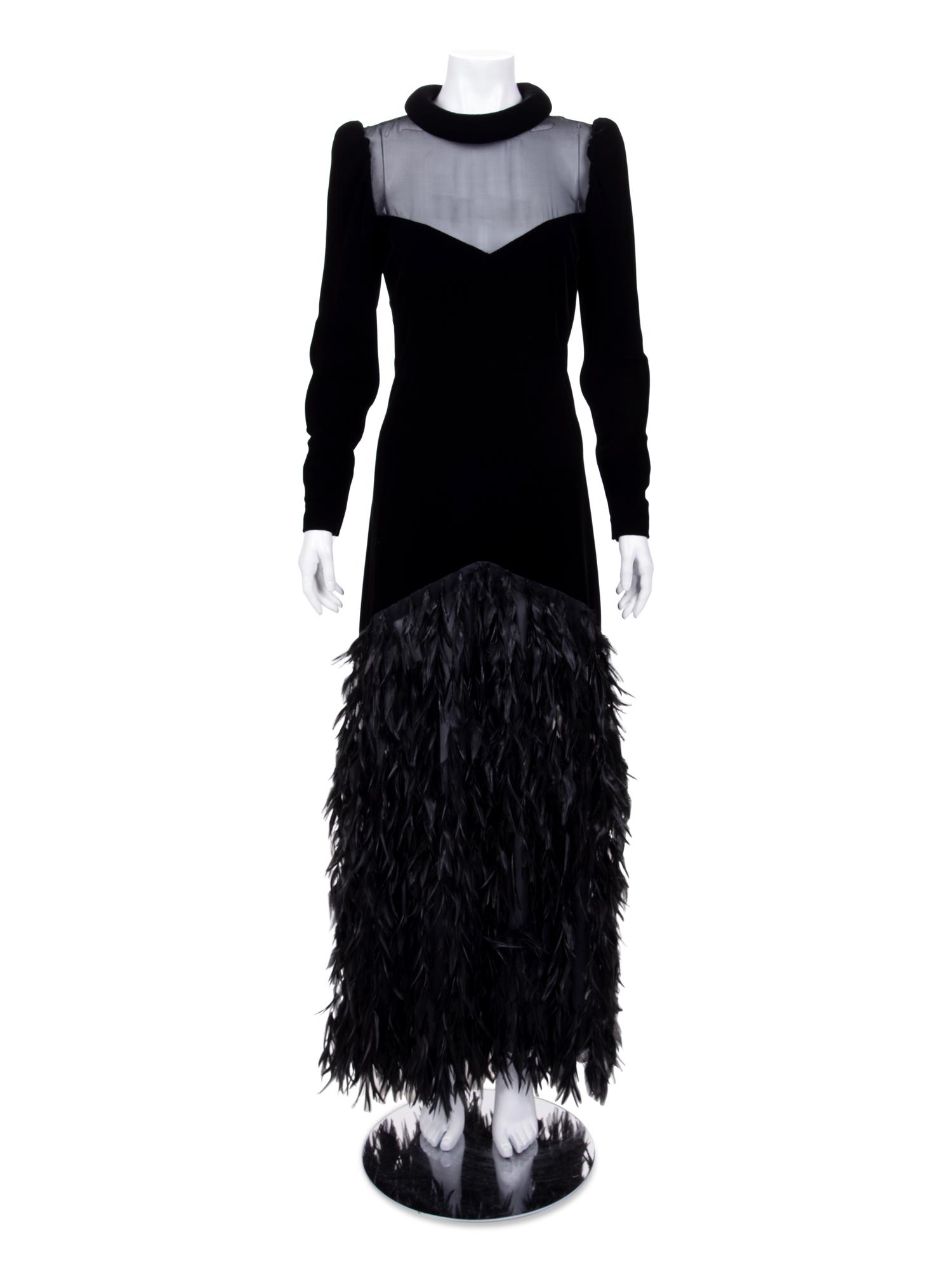 Givenchy Haute Couture Velvet Dress with Feathers, 1970-80s