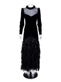 Givenchy Haute Couture Velvet Dress with Feathers, 1970-80s