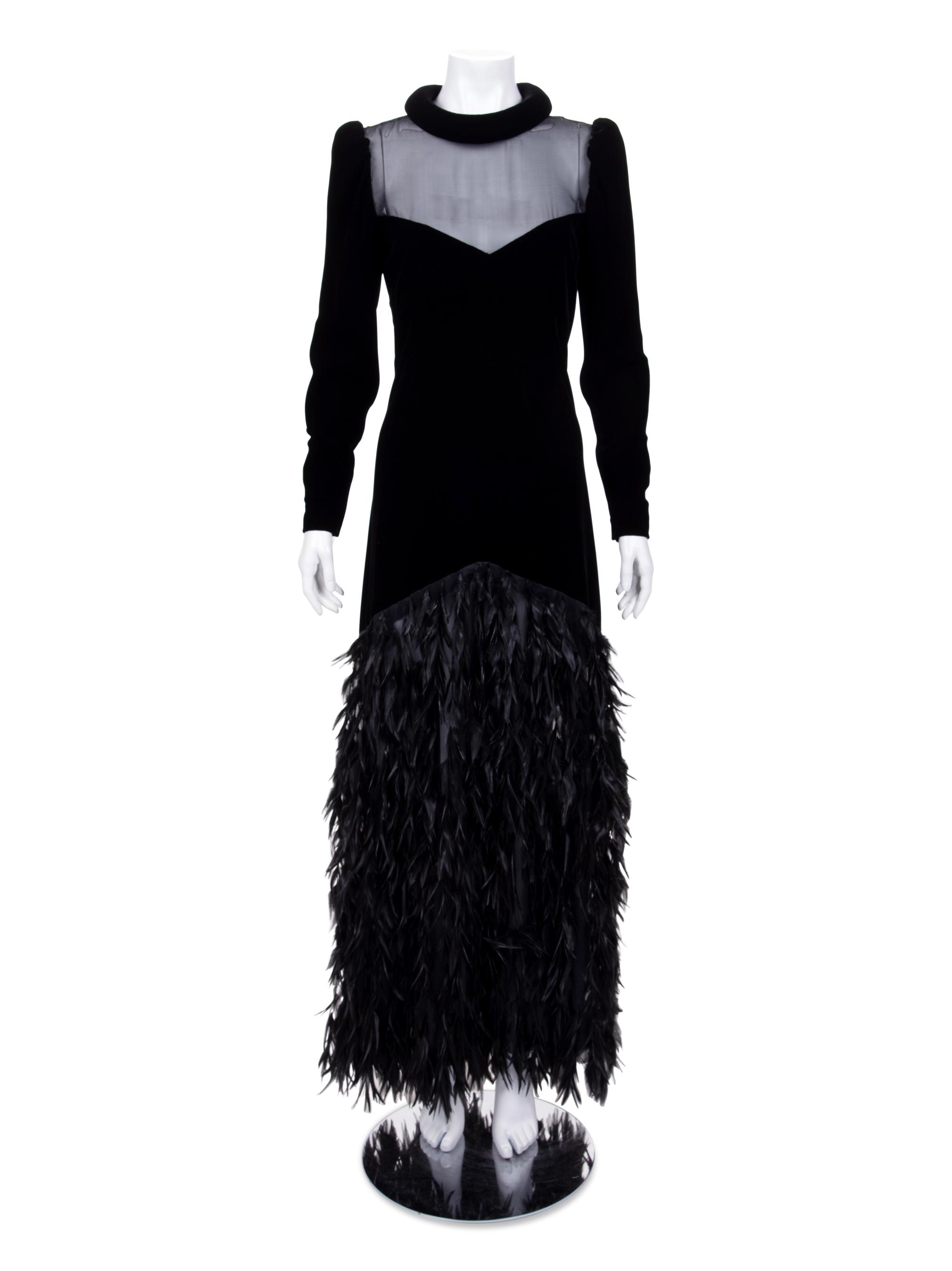 Givenchy Haute Couture Velvet Dress with Feathers, 1970-80s
