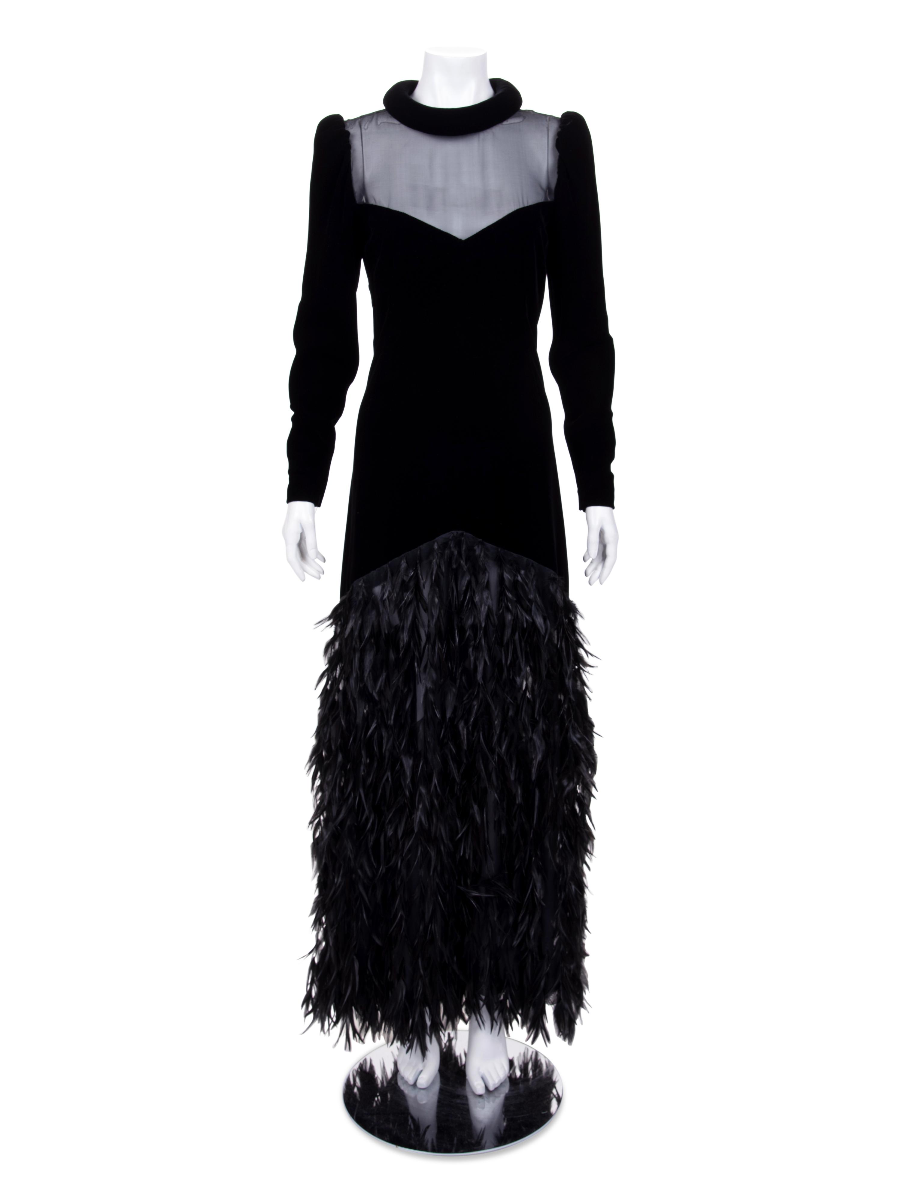 Givenchy Haute Couture Velvet Dress with Feathers, 1970-80s