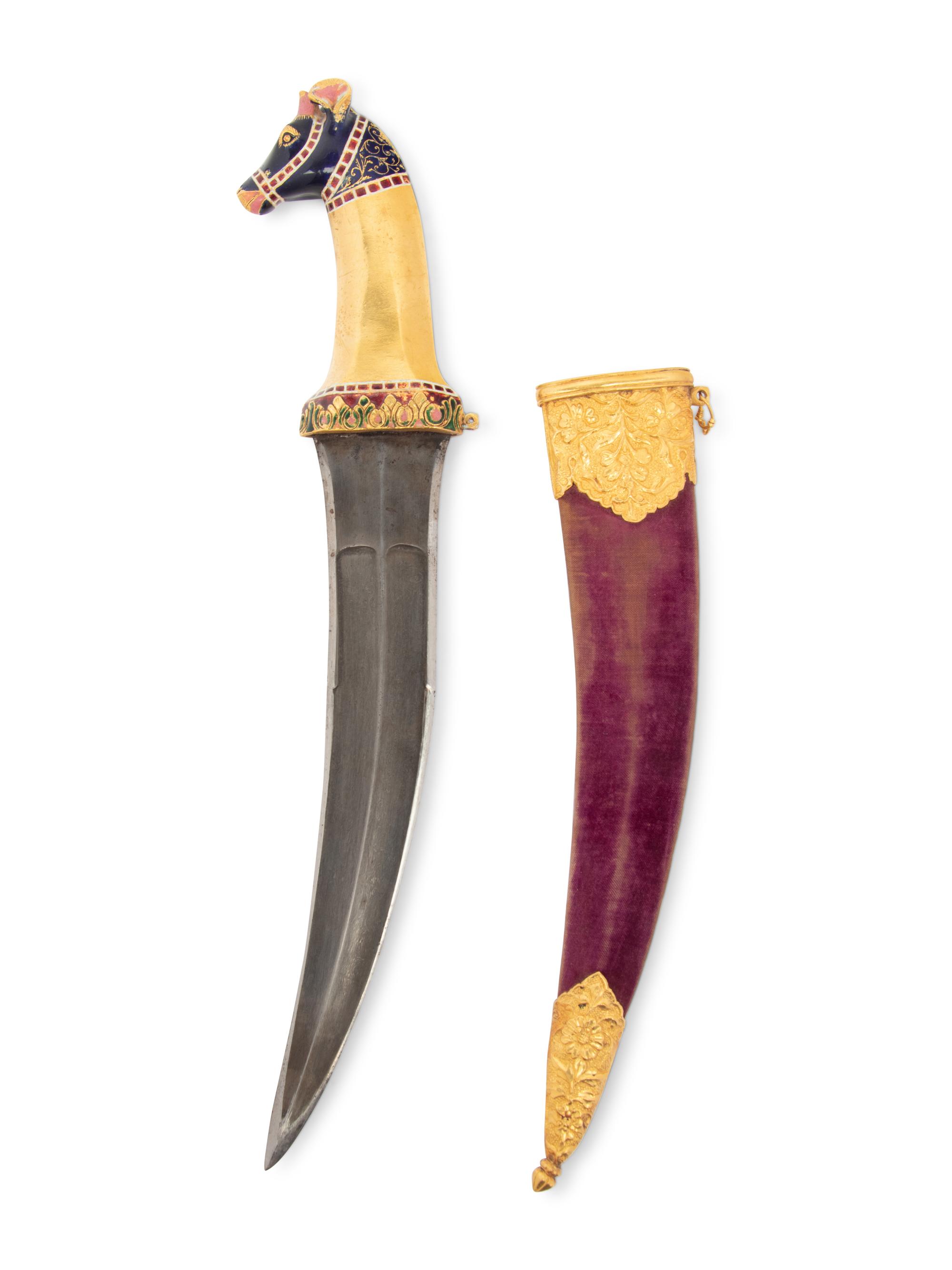 A Mughal Yellow Gold and Enameled Dagger