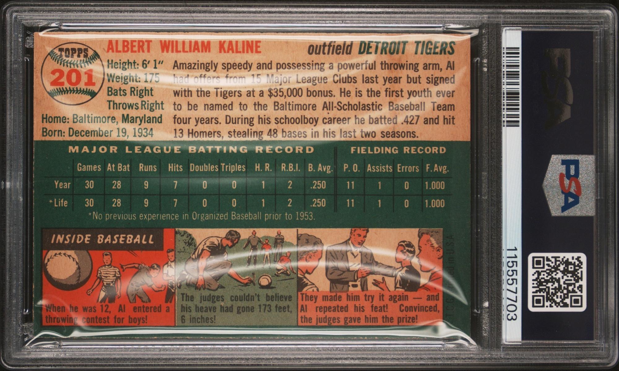 A 1954 Topps Al Kaline Rookie Baseball Card No. 201 (PSA 5 EX) from The Collection of David Eisenhower