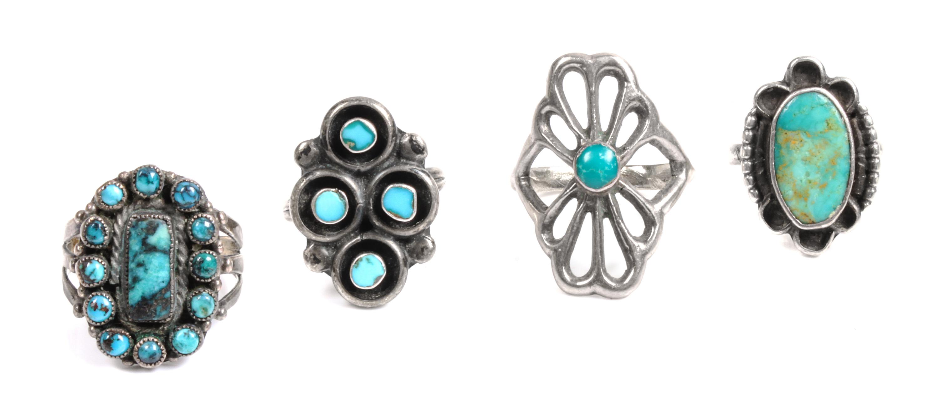 Four Southwestern Silver and Turquoise Rings, ,