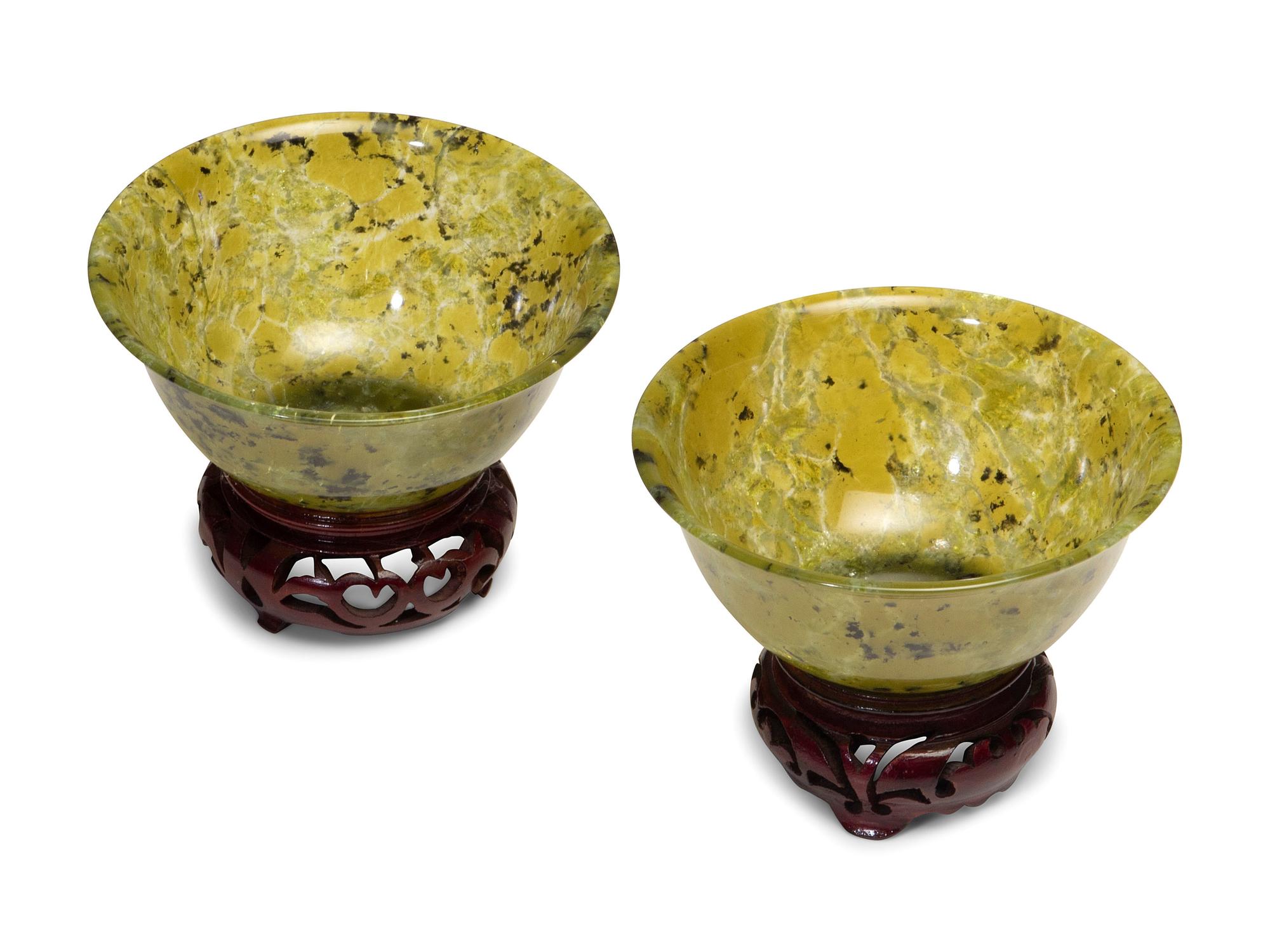 A Pair of Chinese Carved Spinach Jade Bowls