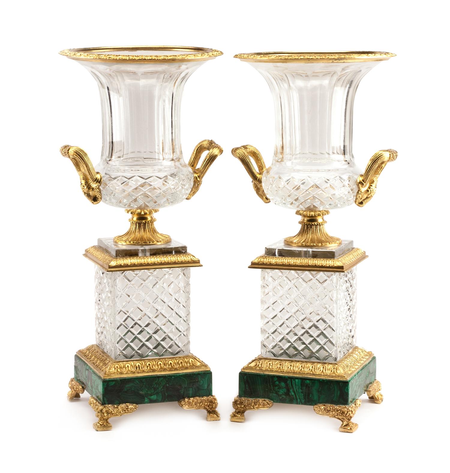 A Pair of French Gilt Bronze Mounted Cut Glass and Malachite Urns Height 20 1/2 inches.