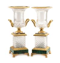 A Pair of French Gilt Bronze Mounted Cut Glass and Malachite Urns Height 20 1/2 inches.