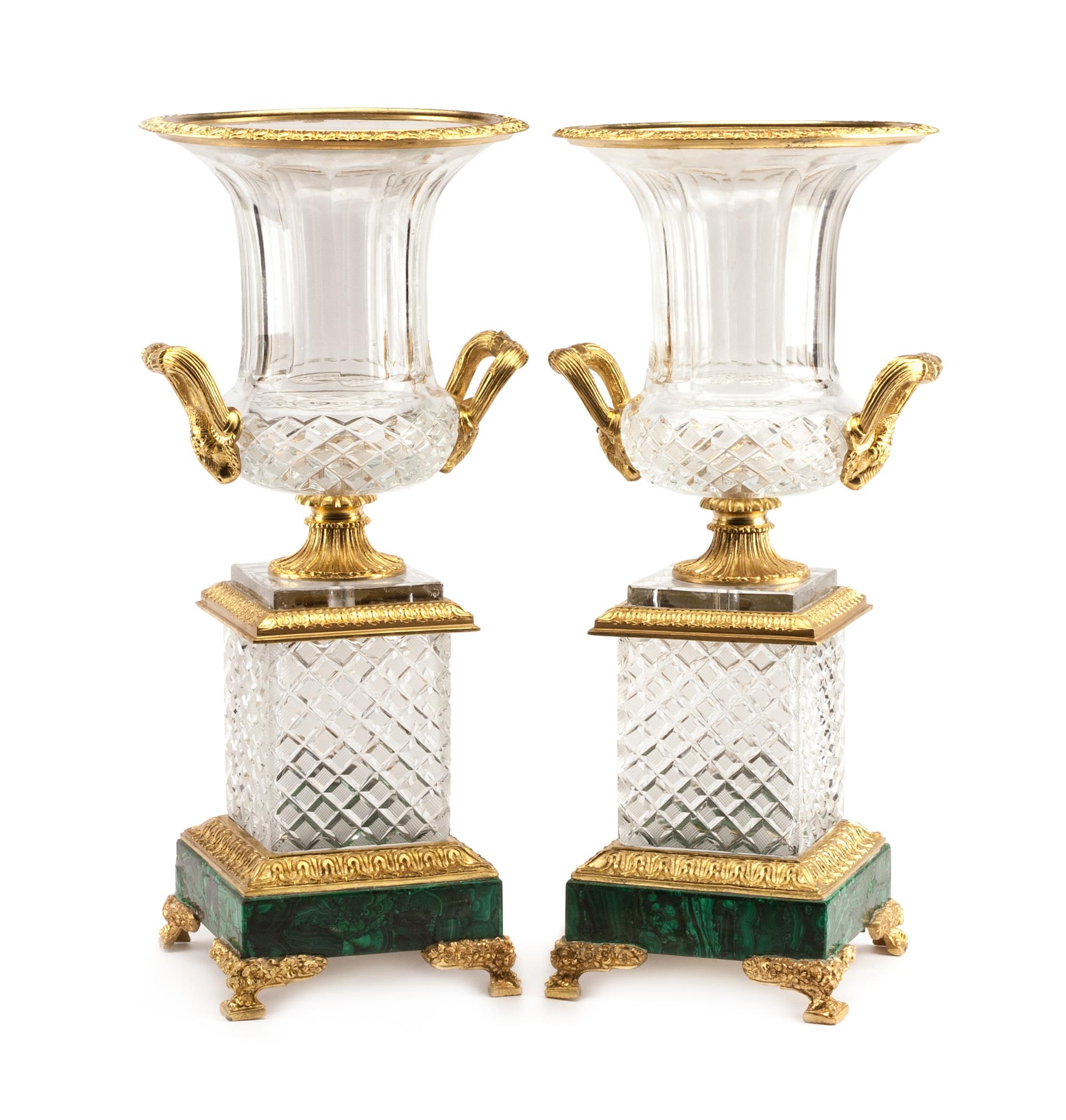 A Pair of French Gilt Bronze Mounted Cut Glass and Malachite Urns Height 20 1/2 inches.