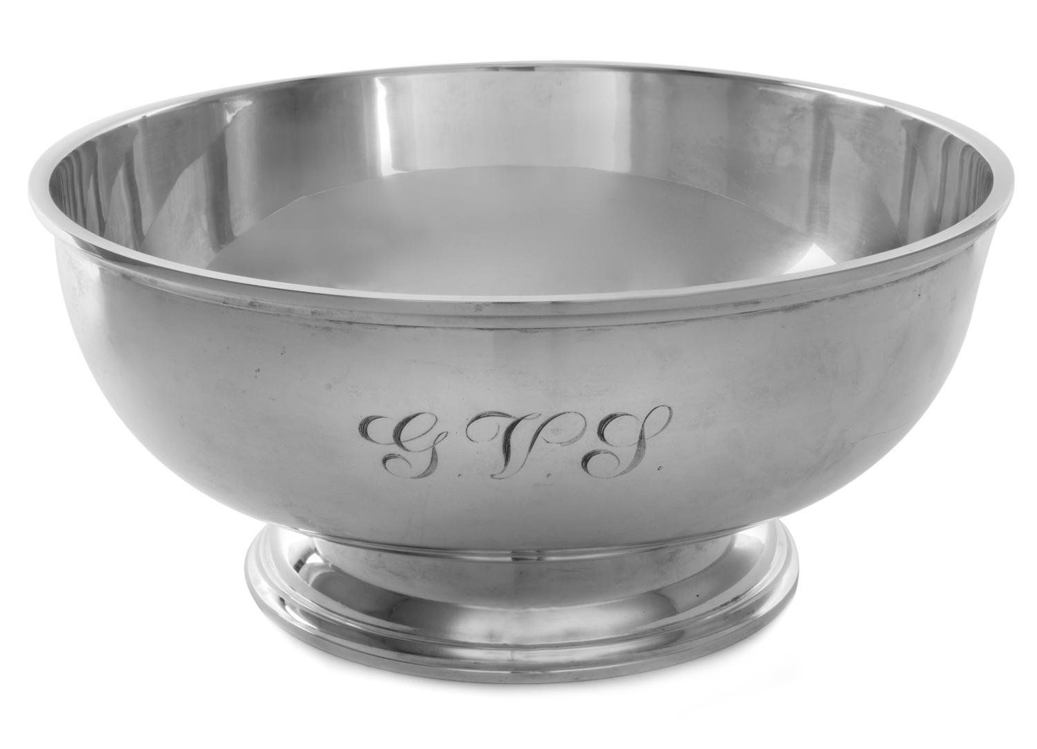 An American Silver Bowl, S. Kirk & Son, Baltimore, MD, monogrammed G.V.S., raised on a stepped circular foot.