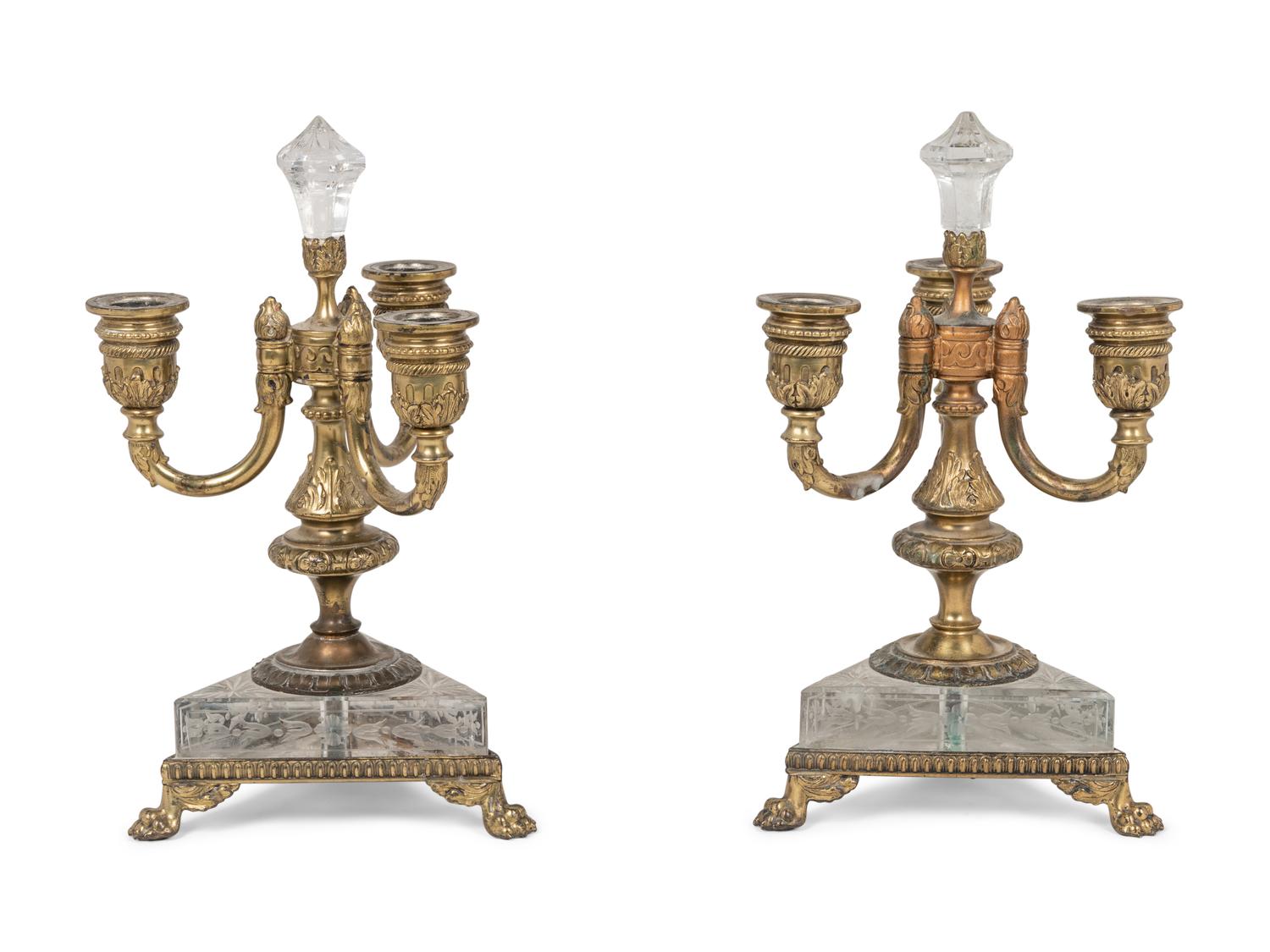 A Pair of Pairpoint Gilt Metal Mounted Etched Glass Three-Light Candelabra