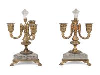 A Pair of Pairpoint Gilt Metal Mounted Etched Glass Three-Light Candelabra
