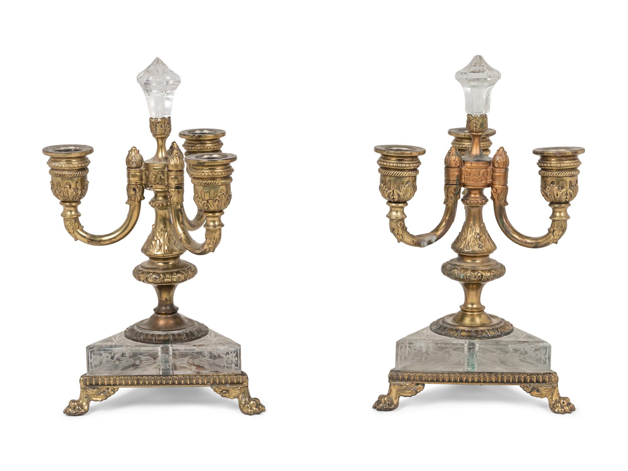 A Pair of Pairpoint Gilt Metal Mounted Etched Glass Three-Light Candelabra