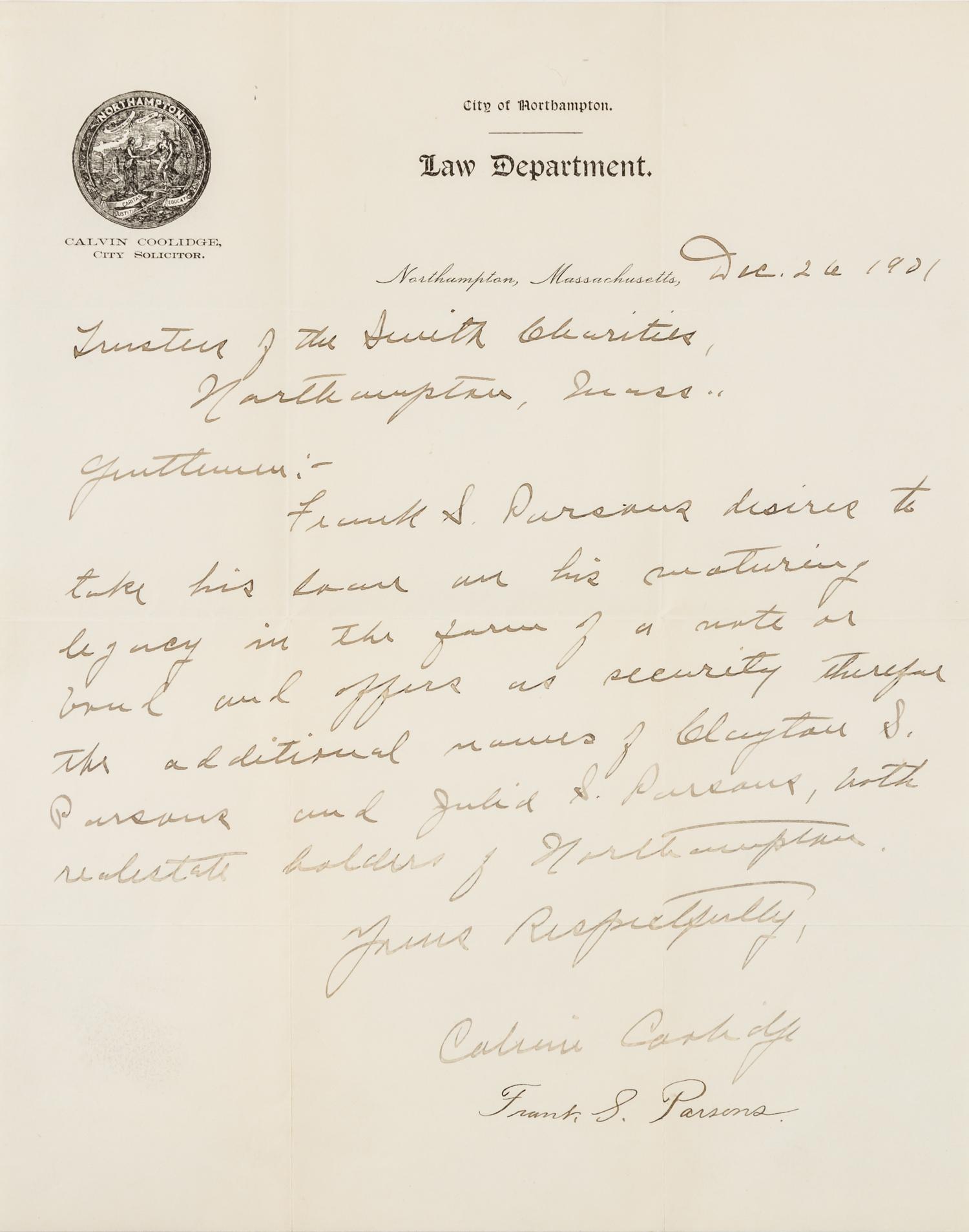 COOLIDGE, Calvin. Early autographed letter signed ("Calvin Coolidge"), to the Trustees of the Smith Charities, Northampton, MA, 1901.