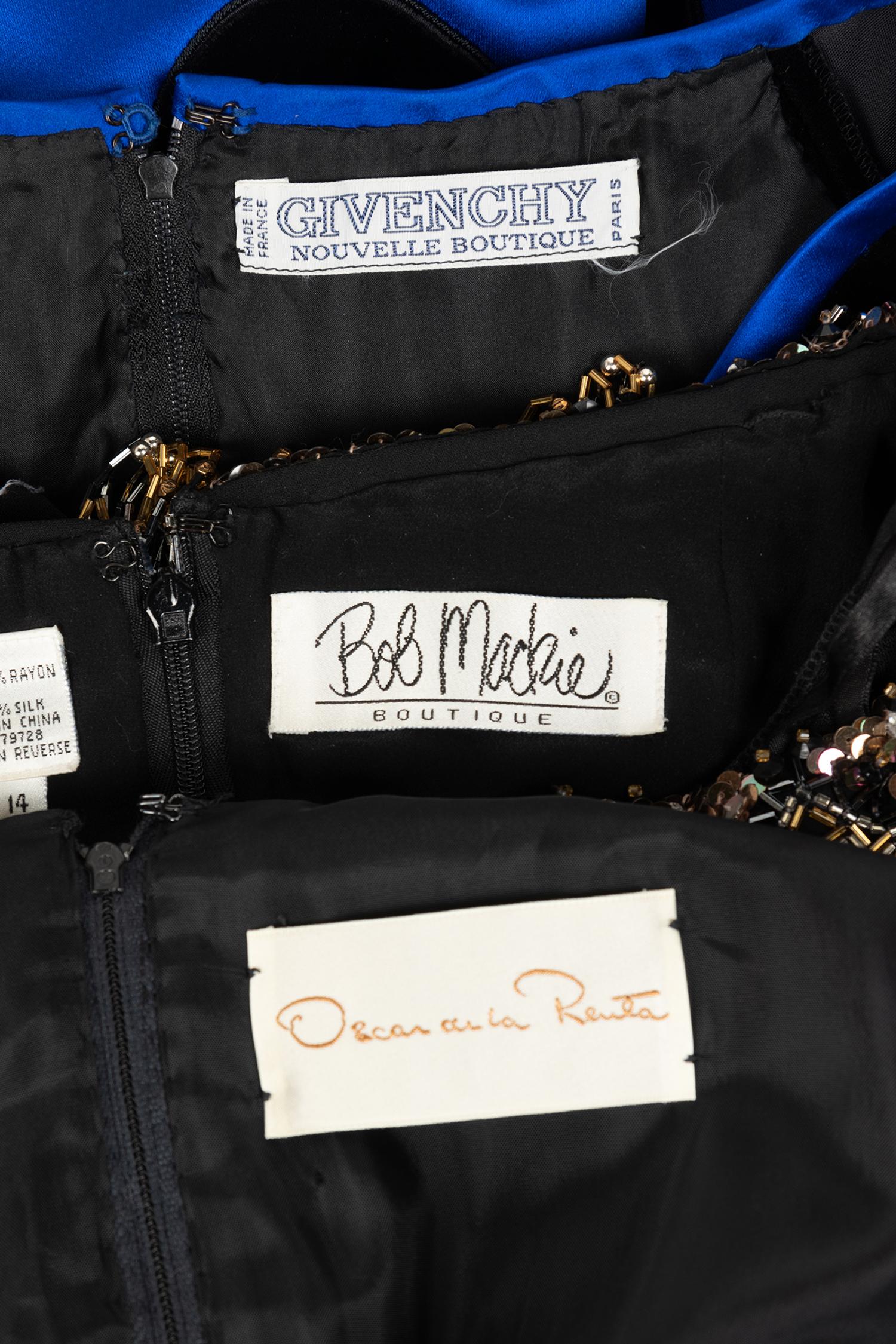 Three Designer Evening Dresses: One Oscar de la Renta, One Givenchy, One Bob Mackie, 1980s