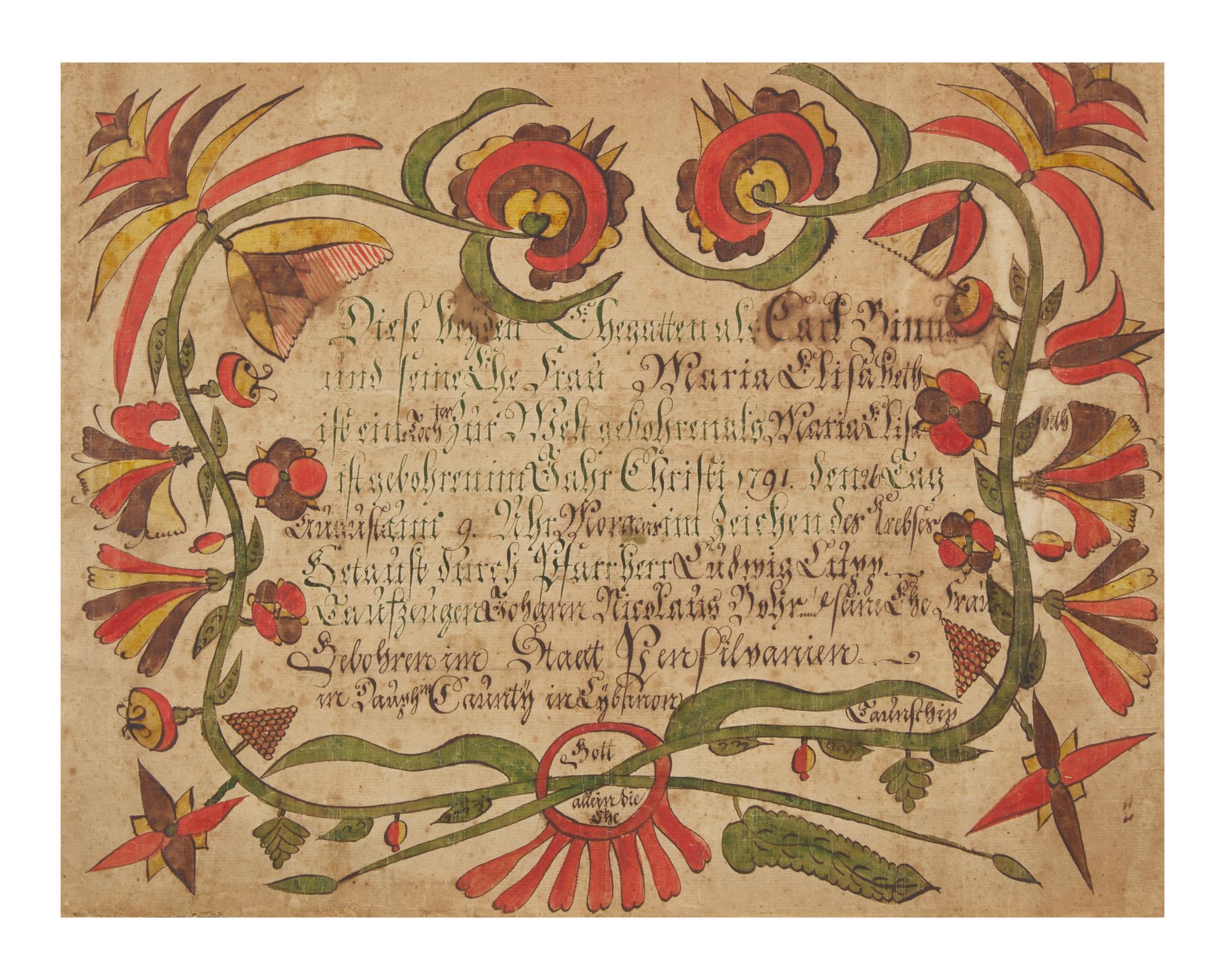 A Fraktur Birth and Baptism Record, Attributed to Arnold Hoevelman (active 1771-1796), Dated "1791"