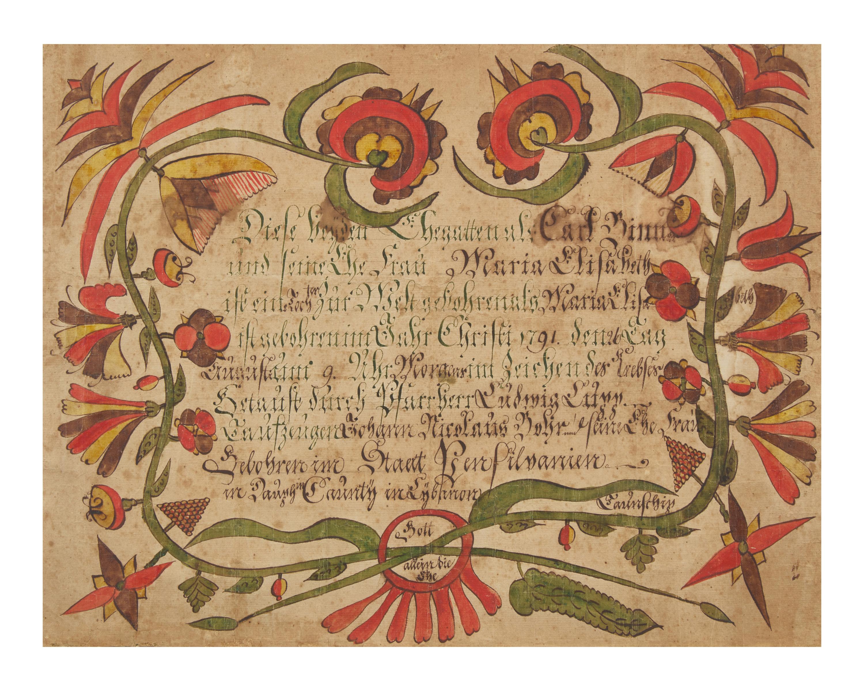 A Fraktur Birth and Baptism Record, Attributed to Arnold Hoevelman (active 1771-1796), Dated "1791"