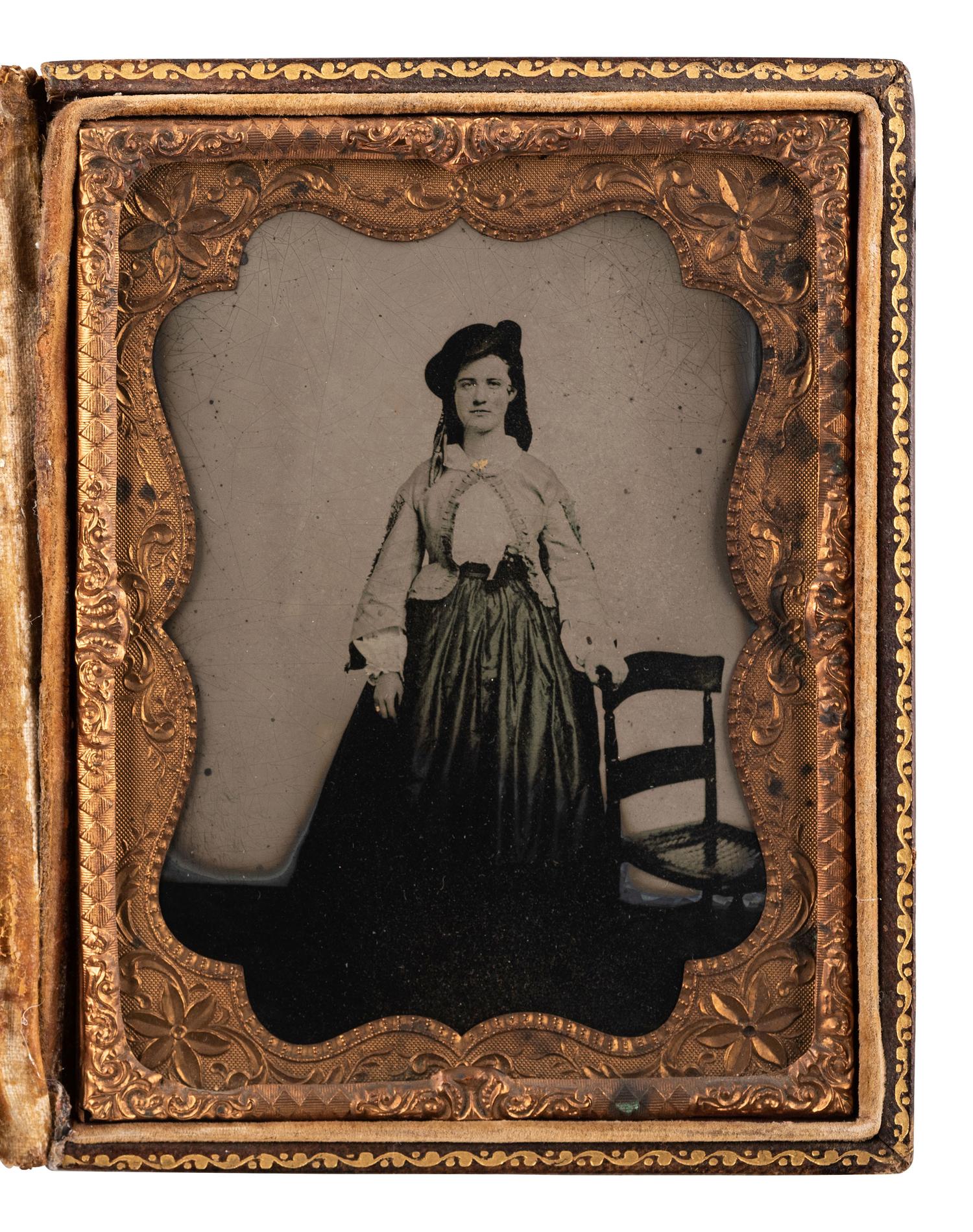 [CIVIL WAR]. Quarter plate tintype of a young woman, possibly a vivandiere, acquired in Dublin, Virginia.