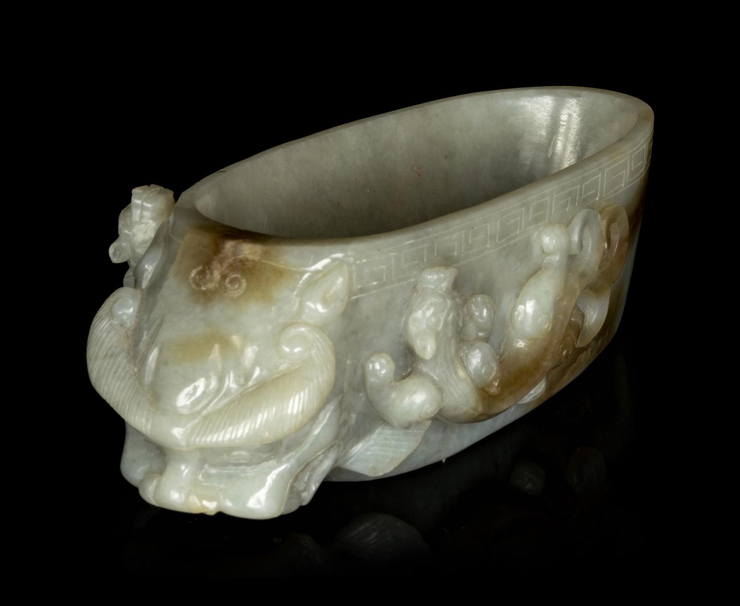 A Chinese Celadon Jade ' Chilong' Brush Washer