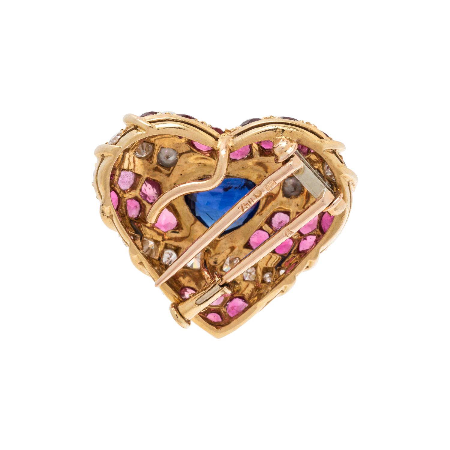 FRENCH, SAPPHIRE, PINK TOURMALINE AND DIAMOND HEART BROOCH