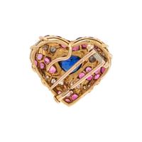 FRENCH, SAPPHIRE, PINK TOURMALINE AND DIAMOND HEART BROOCH