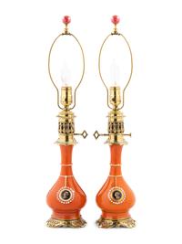 A Continental Painted Porcelain Fluid Lamp