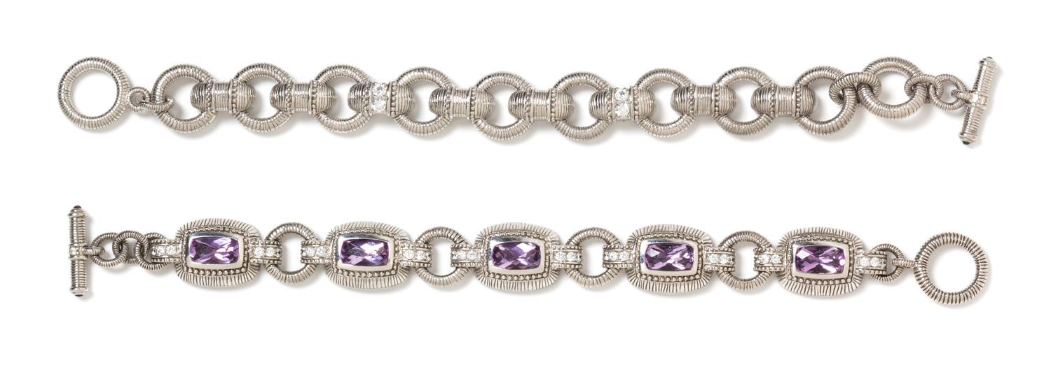 A Collection of Sterling Silver, Amethyst and CZ Bracelets, Judith Ripka, 73.00 dwts.