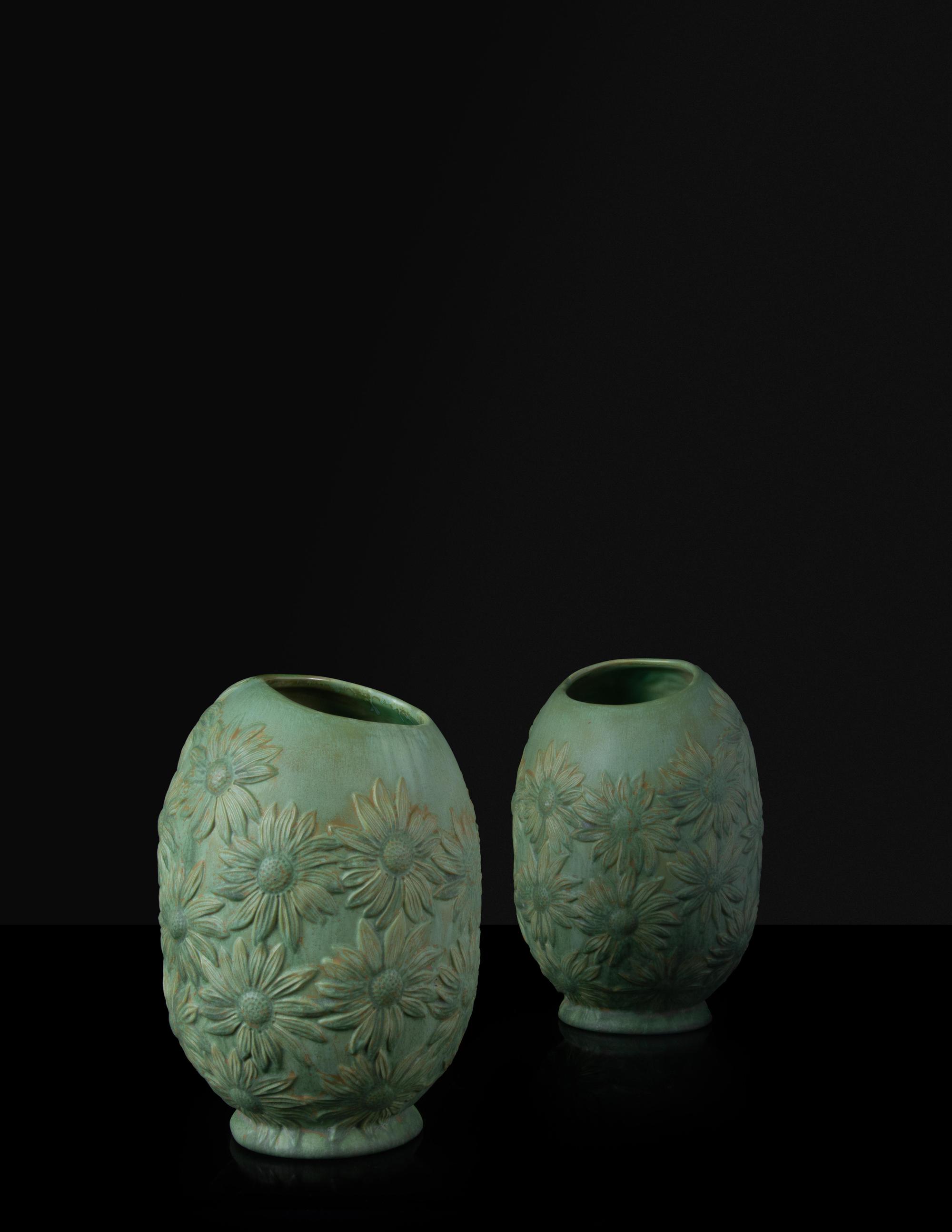 Pair of Favrile Ceramic Daisy Vases