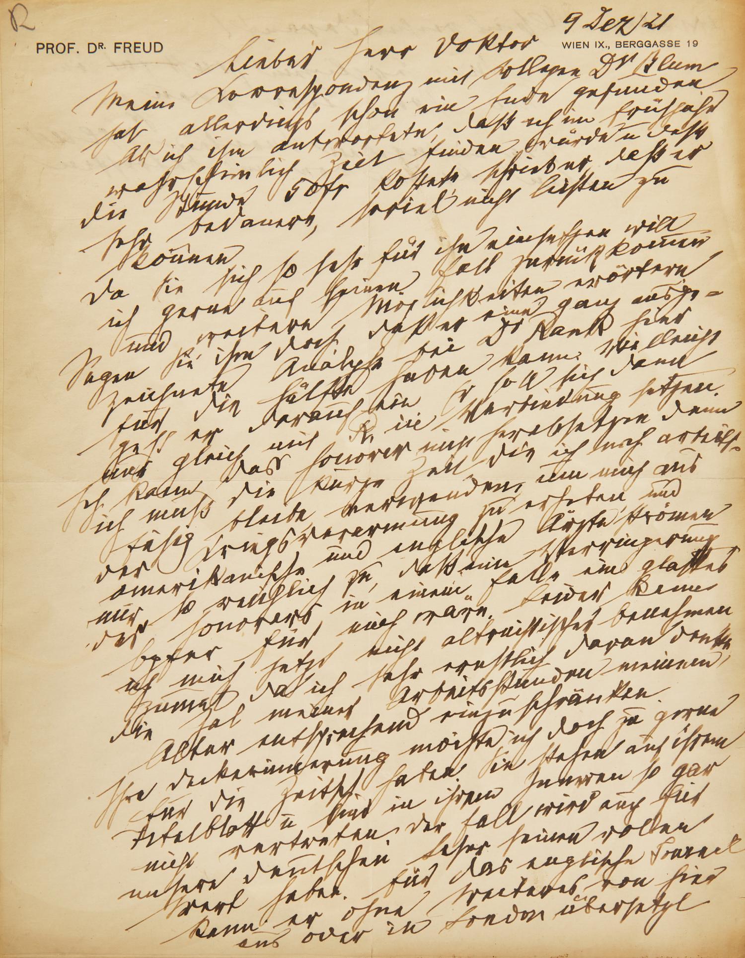 [Psychology] Freud, Sigmund. Autograph Letter, signed