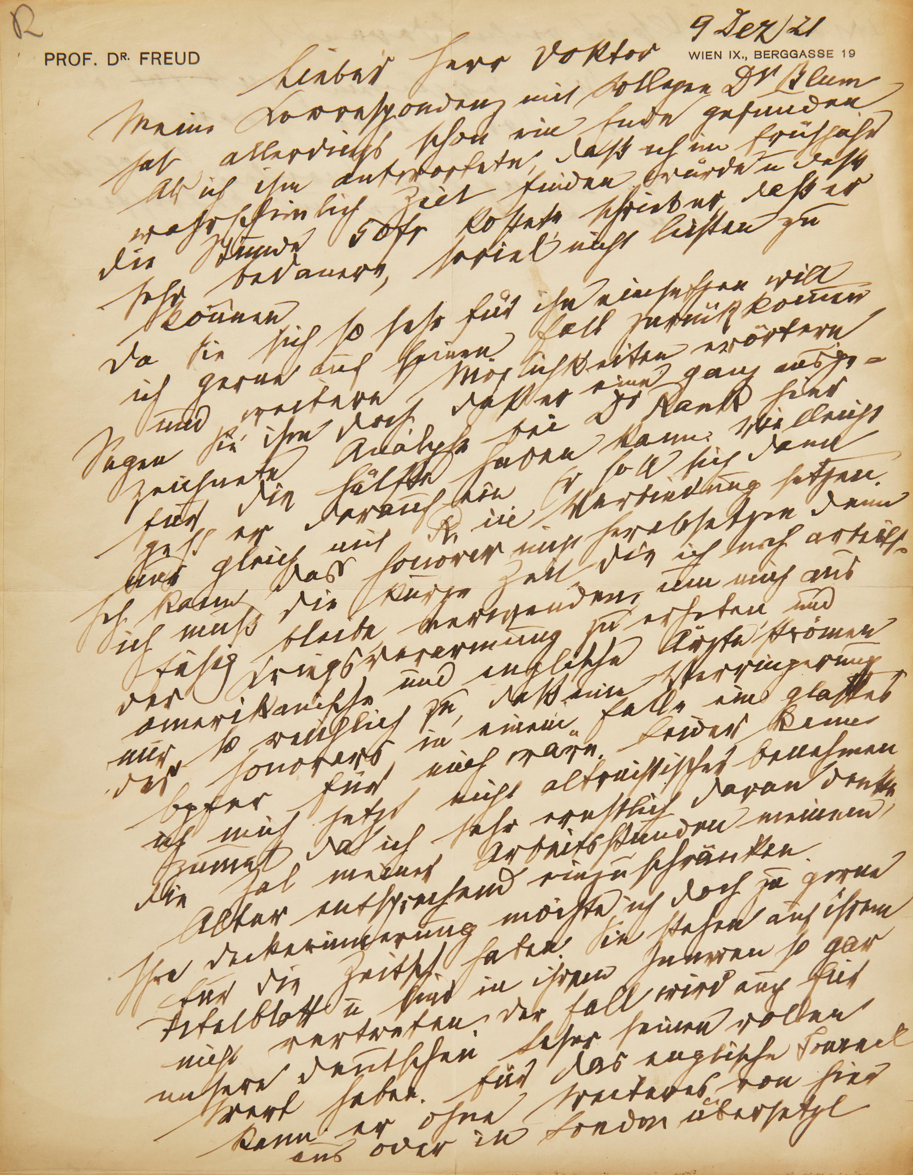[Psychology] Freud, Sigmund. Autograph Letter, signed