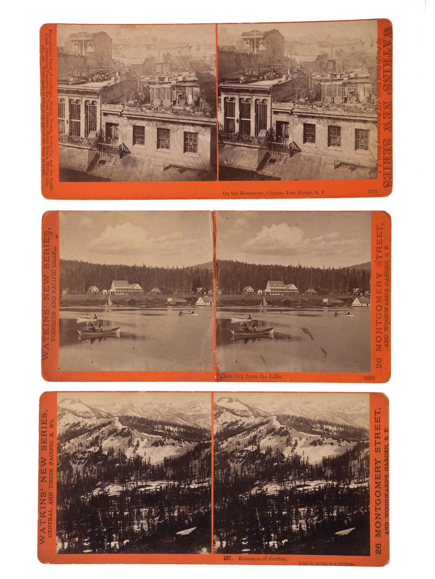 [CALIFORNIA]. WATKINS, Carleton, and HART, Alfred A., photographers. A group of 3 stereoviews,comprising: