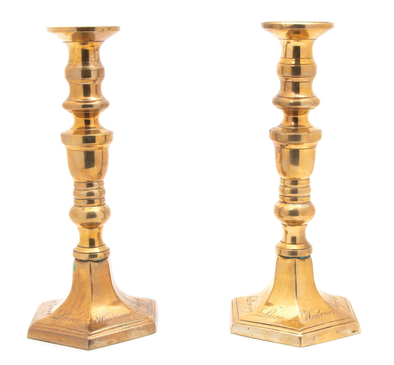 A Pair of Irish Brass Candlesticks Height 12 inches. — EARLY 19TH CENTURY