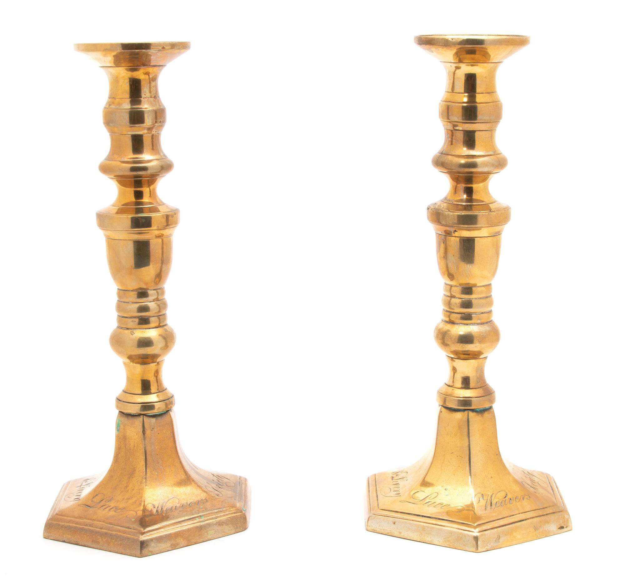 A Pair of Irish Brass Candlesticks Height 12 inches. — EARLY 19TH CENTURY