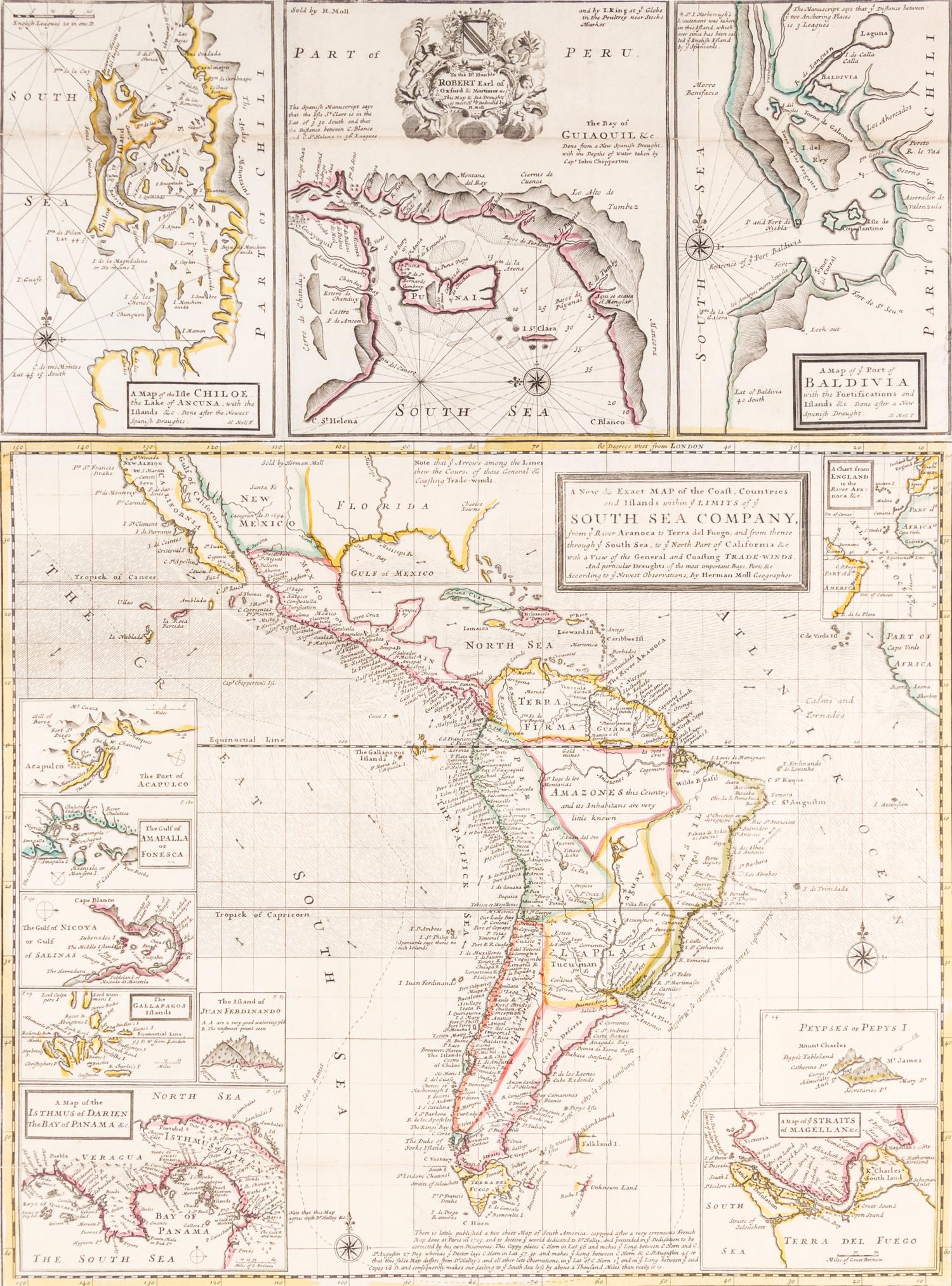 (MAP) MOLL, HERMAN. A new & exact map of the coast, countries and islands within the ... South Sea Company. L, 1711.