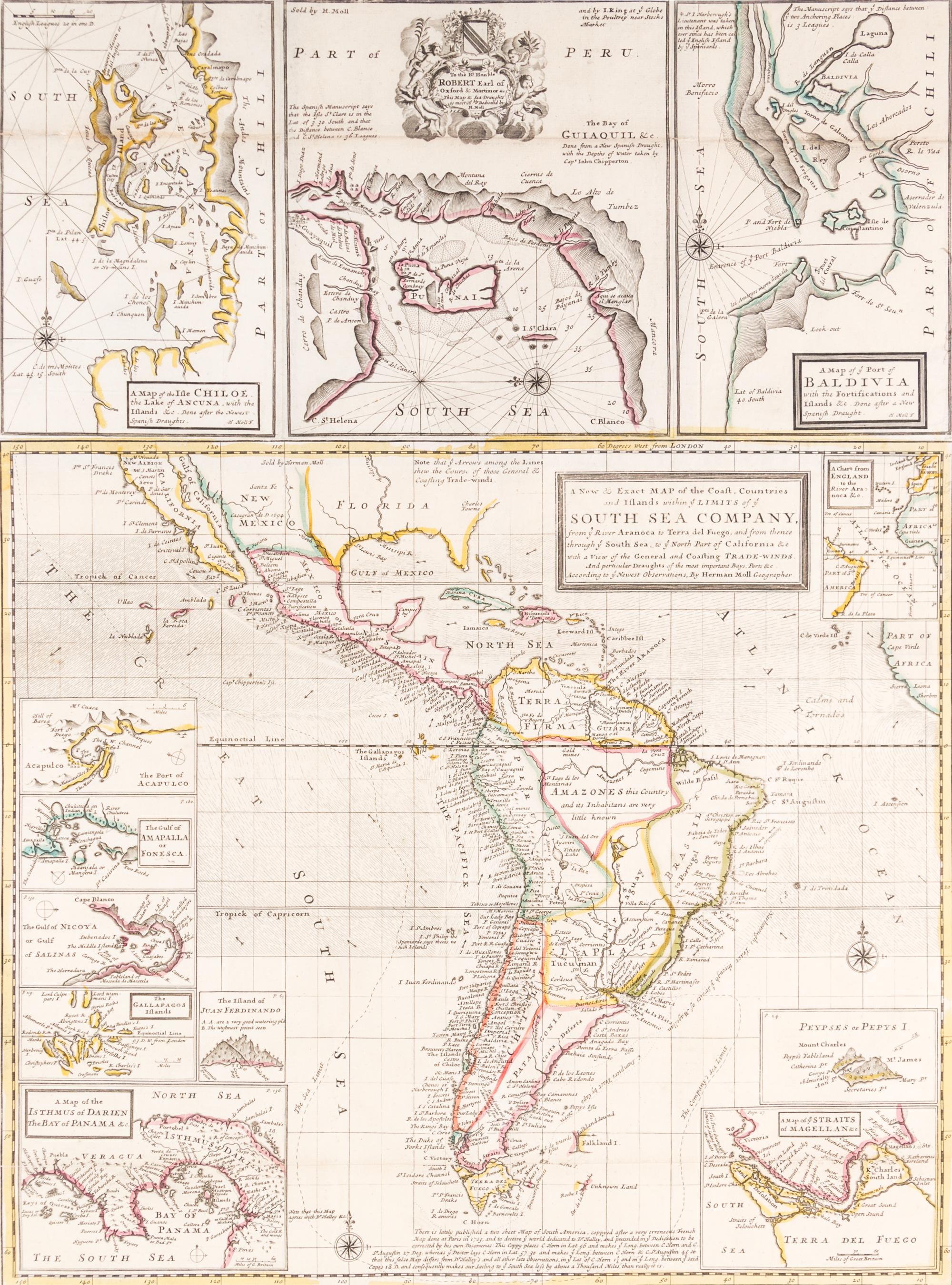 (MAP) MOLL, HERMAN. A new & exact map of the coast, countries and islands within the ... South Sea Company. L, 1711.