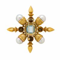 Aquamarine, Cultured Pearl, and Yellow Gold Brooch
