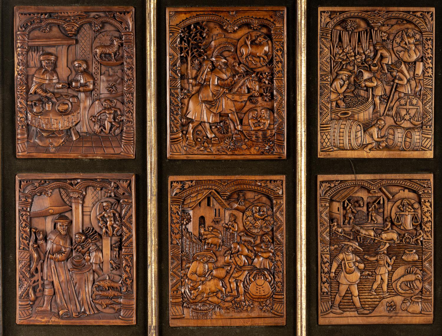 Twelve Continental Carved Relief Panels Depicting Signs of the Zodiac