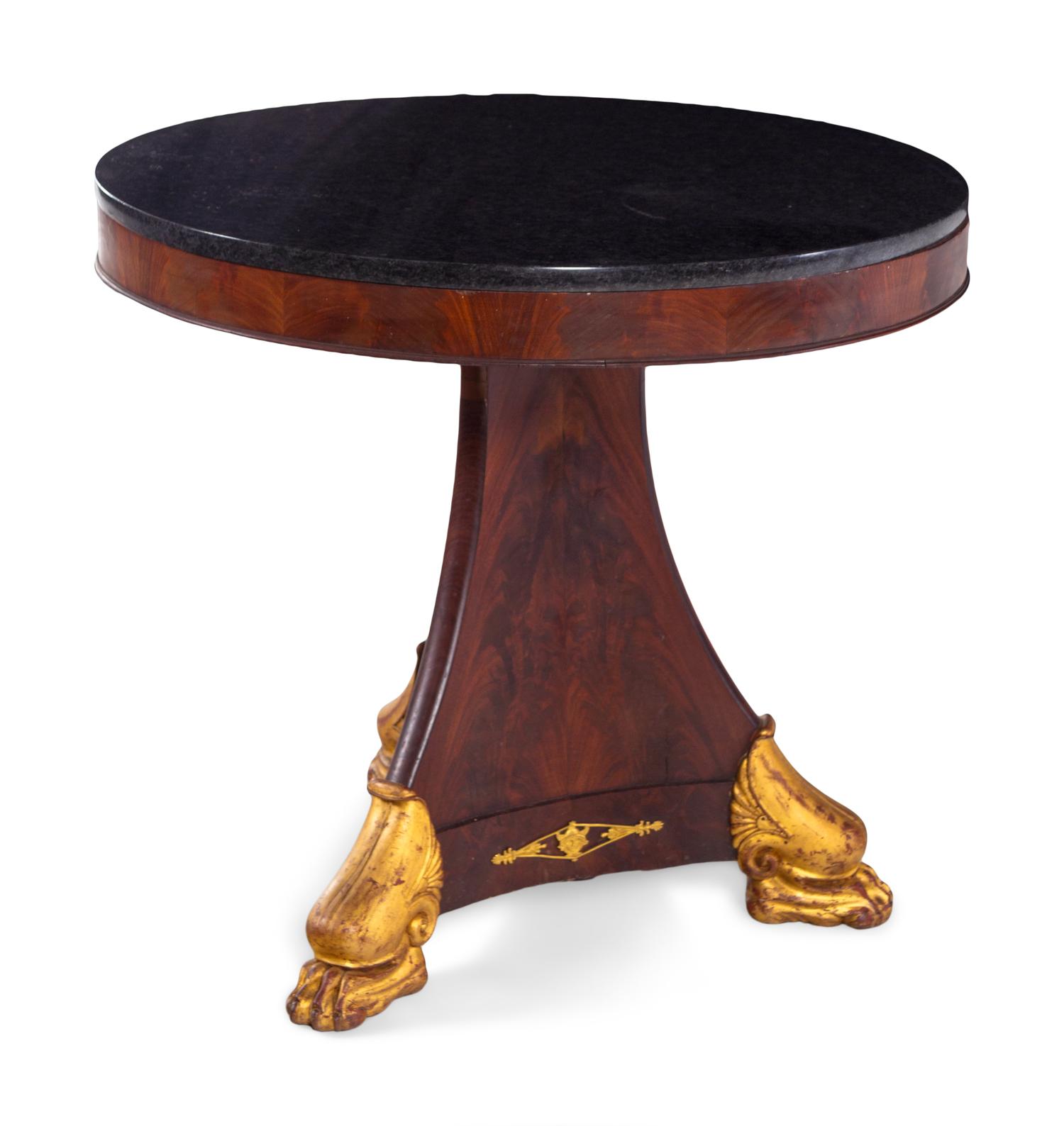 An Empire Style Parcel Gilt Mahogany Marble-Top Center Table