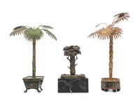 Two Cast Metal Models of Palm Trees and a Bronze Model of a Tree on a Marble Base