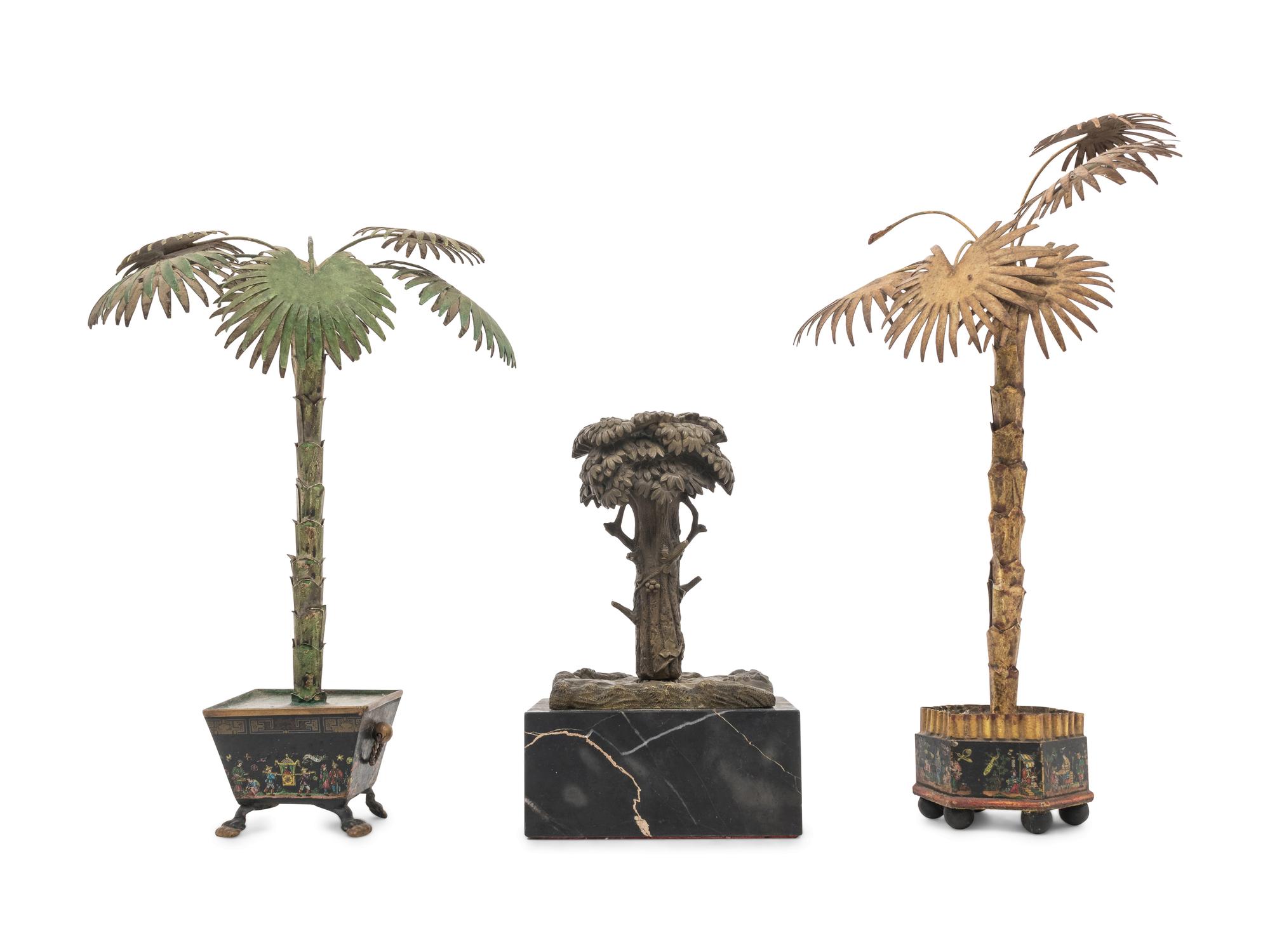 Two Cast Metal Models of Palm Trees and a Bronze Model of a Tree on a Marble Base