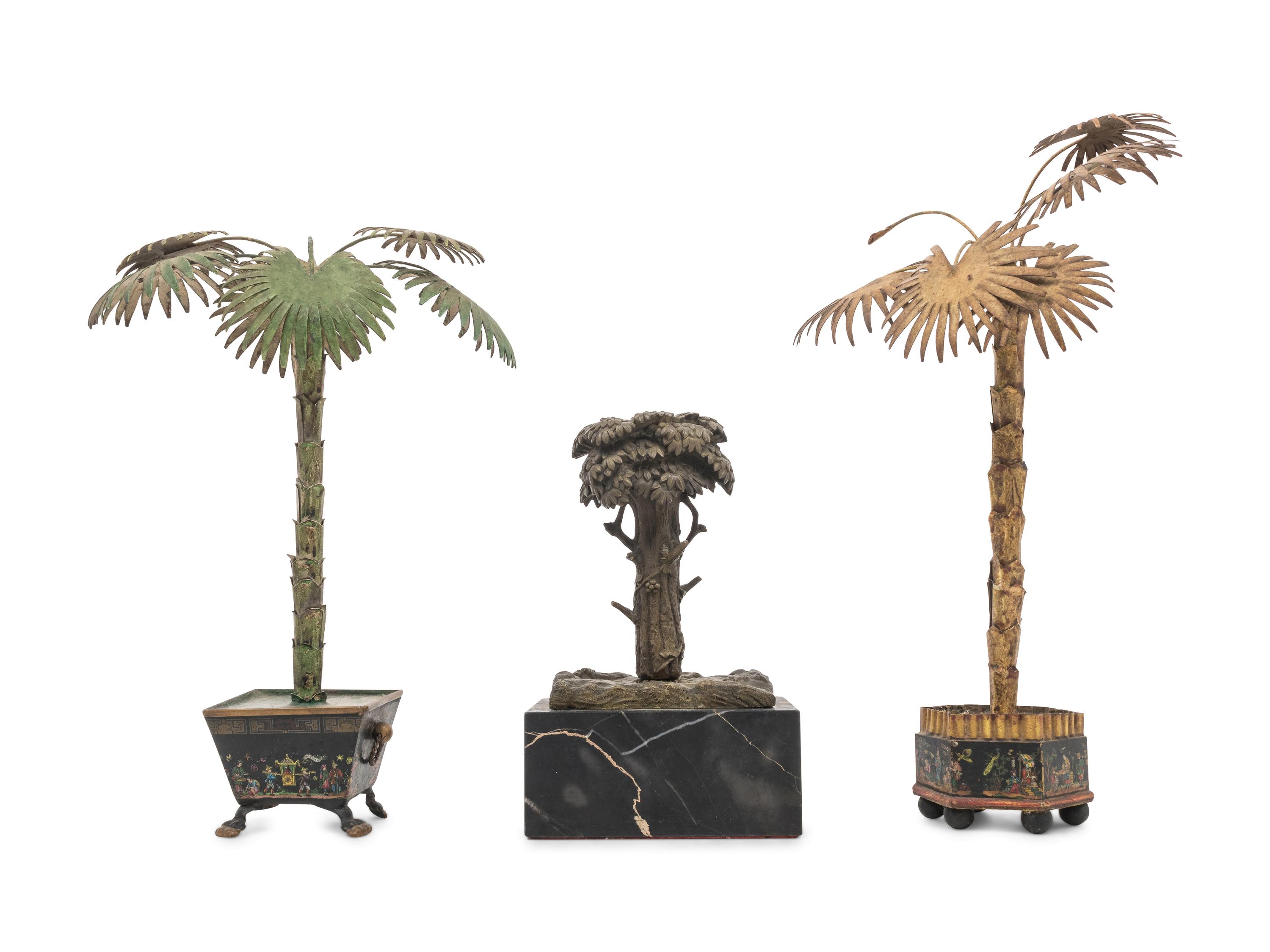Two Cast Metal Models of Palm Trees and a Bronze Model of a Tree on a Marble Base
